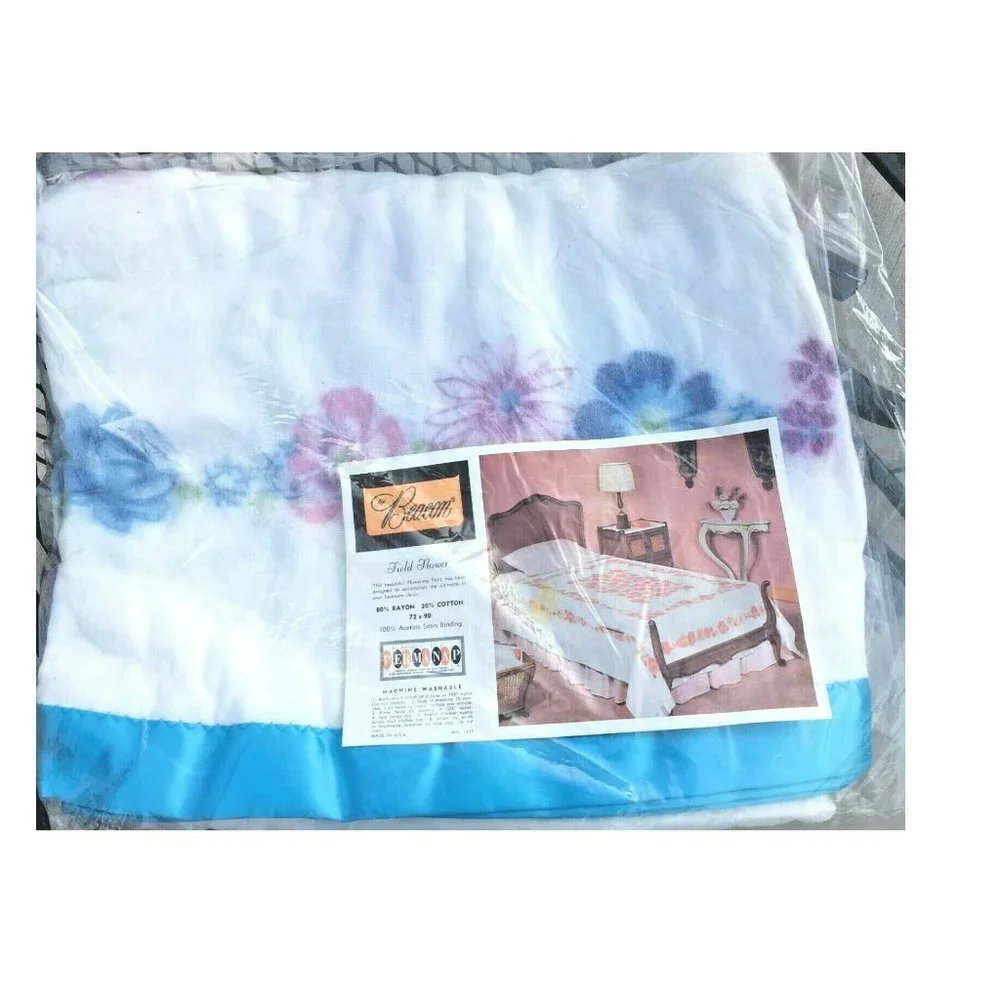 Vintage BEACON Blanket 1960's Pink & Blue Floral Flowers Shabby Retro 72 x 90